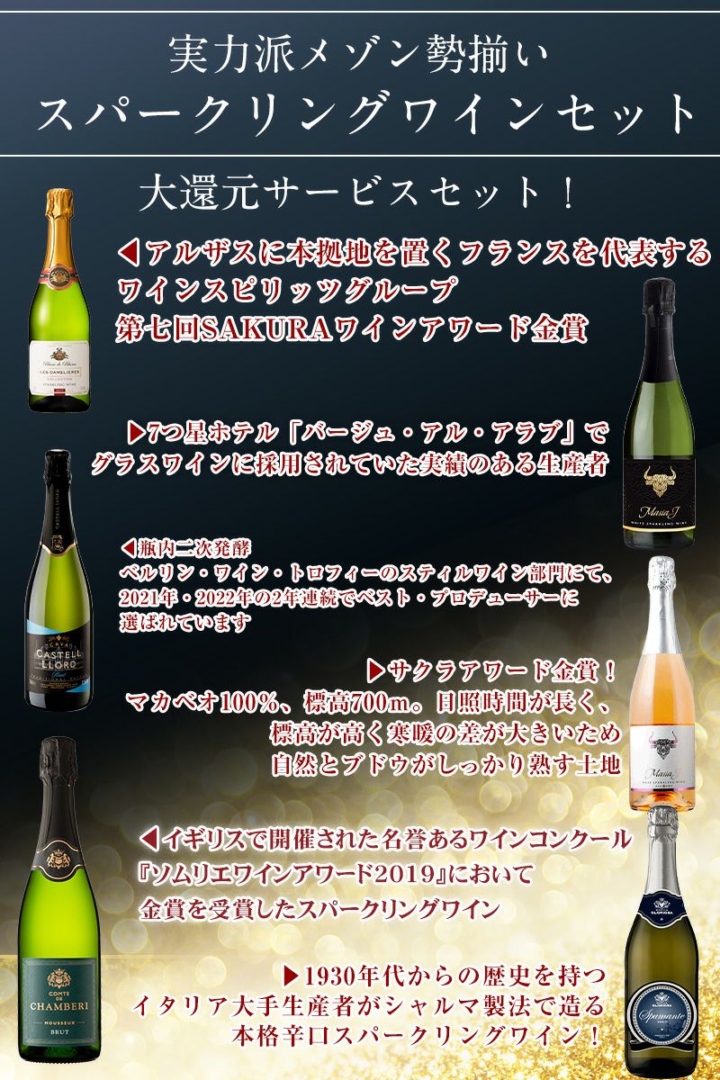 人気 スパークリングワインセット 辛口 瓶内二次発酵 金賞入り 7
